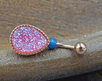 Hot Pink Druzy Rose Gold Belly Button Ring - Short Belly Button Ring