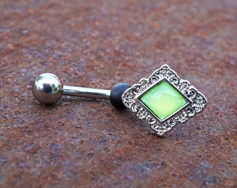 Light Green Diamond Shaped Filigree Illuminating Stone Center 316L Surgical Steel Belly Button Navel Ring