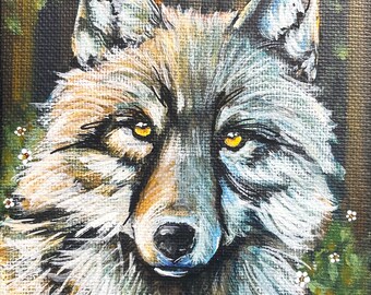 Shy Wolf in the Forest Daisies Original Art Canvas Mini Small