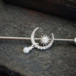 CZ Paved Moon with CZ Center Star Silver Steel Industrial Barbell