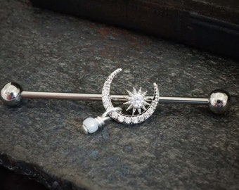 CZ Paved Moon with CZ Center Star Silver Steel Industrial Barbell