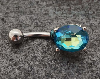 Aqua Blue Aurora Borealis CZ Crystal Belly Ring