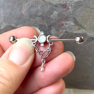 Opalite Moon with Crescent Moons Silver Steel Industrial Barbell image 3