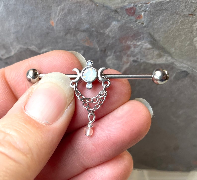 Opalite Moon with Crescent Moons Silver Steel Industrial Barbell image 3