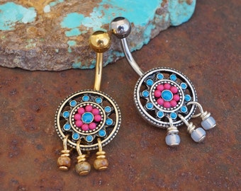 Turquoise Enamel and Beads Aztec Tribal Sun 316L Surgical Steel Belly Button Navel Rings