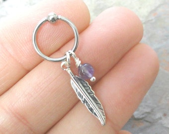 Purple Amythest Cartilage Hoop Silver Feather CBR Earring Belly Button Jewelry