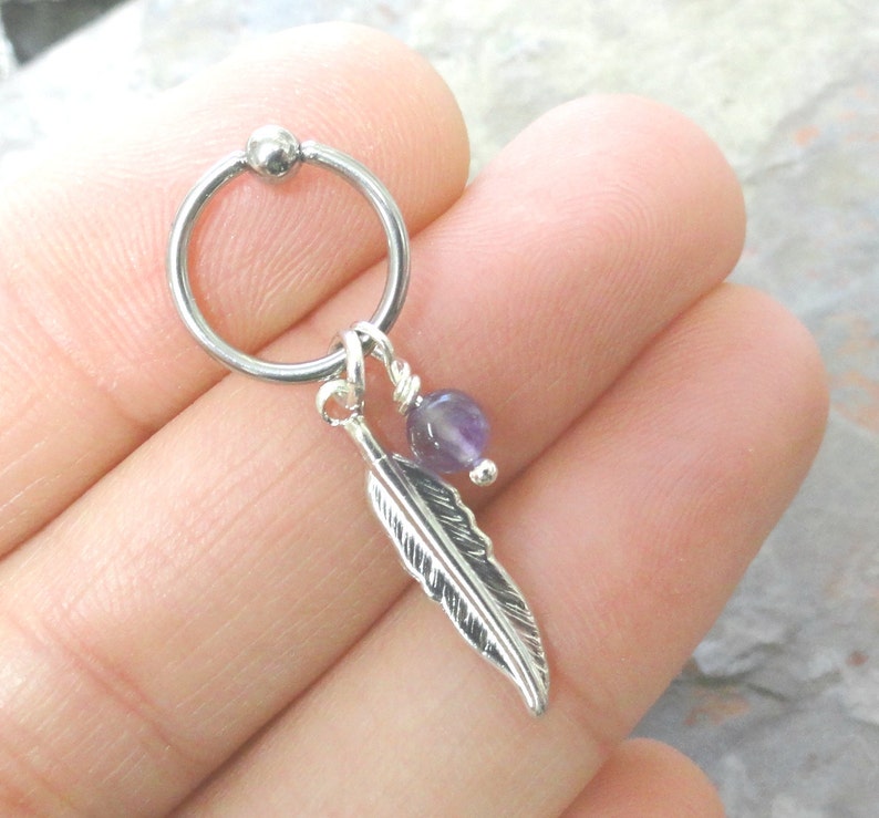 Purple Amythest Cartilage Hoop Silver Feather CBR Earring Belly Button Jewelry image 1