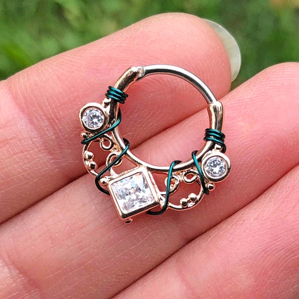 Lace Swirl Square CZ Rose Gold Daith Piercing Rook Earring Hoop Silver Clicker