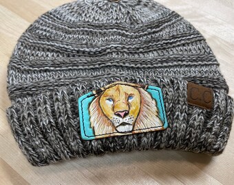 Lion Tooled Leather Brown Flocked Beanie Hat Women’s Winter Hat