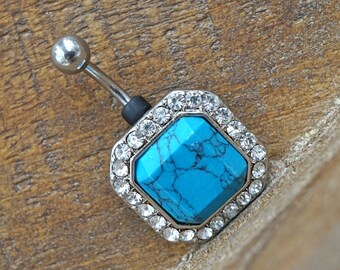 Crystal and Turquoise Gem Belly Button Ring - Gift For Teens - Gift under 15