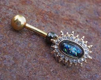 Black Opal Sunburst Gold Belly Button Navel Rings