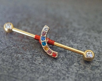 CZ Rainbow Yellow Gold Industrial Barbell 14g 16g Scaffold