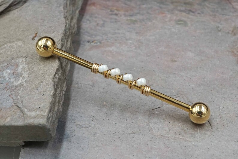 14 Gauge or 16 Gauge Industrial Barbell Ivory Pearl Beaded Etsy