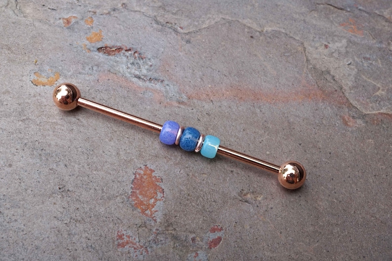 14g 16g Blue Beaded Rose Gold Industrial Barbell Scaffold Piercing