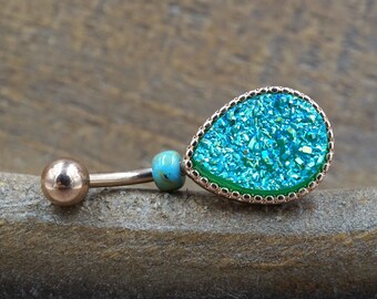 Teal Teardrop Druzy Rose Gold Belly Button Ring - Short Belly Button Ring