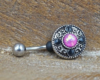 Belly Button Ring Round Tribal Shield With Pink Opal