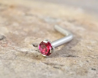 18g or 20g Tiny Fuchia Pink Crystal L Bend Nose Bone Stud