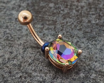 Rainbow CZ Round Crystal Rose Gold Belly Ring - Gift Under 20