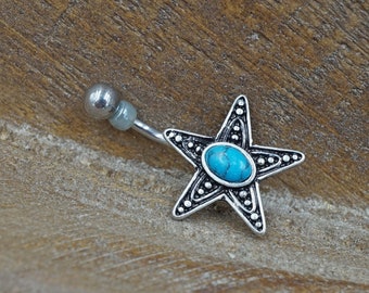 Silver Starfish Turquoise Belly Button Ring