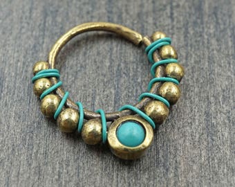 14 Gauge Turquoise Brass Rook Earring Daith Earring Hoop Septum