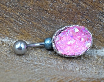 Pink Druzy Belly Button Ring - Gift For Teens - Gift under 15