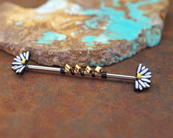 White Daisy Industrial Barbell Silver, Gold or Rose Gold, 14 Gauge