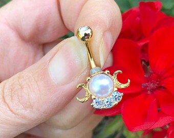 Crescent Moon Pearl Gold Belly Button Ring
