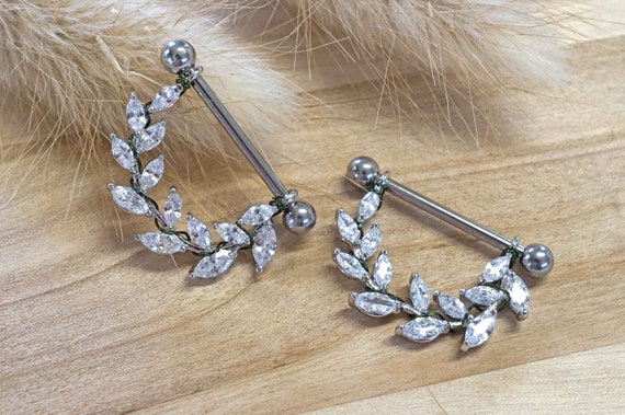 14g or 16g Crystal Leaf Silver Nipple Shield Nipple Ring Nipple
