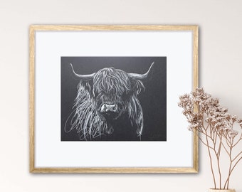 Highland Cow Black and White Sketch Art Painting