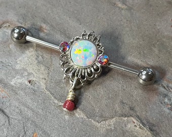 Filigree Cameo White Opal Industrial Barbell Scaffold Piercing