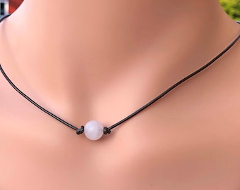 Rose Quartz Gemstone Choker Necklace on Leather
