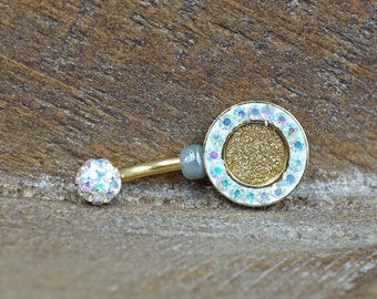 Gold Druzy Belly Button Ring Rings Aurora Borealis Crystals