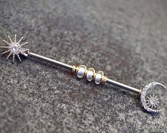 Sun and Moon Crystal 14 Gauge Industrial Barbell Piercing Beaded