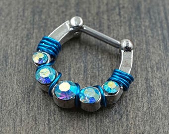 SALE - Blue AB Silver Septum Ring Clicker Daith Ring Rook Earring