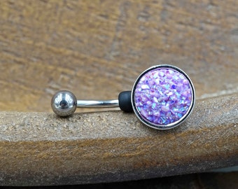 Light Purple Druzy Round Belly Button Ring - Short Belly Button Ring