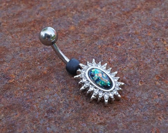 Black Opal Sunburst Silver Belly Button Navel Rings