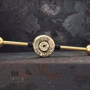 9mm Spent Brass Bullet Industrial Barbell 14g 16g Scaffold image 4