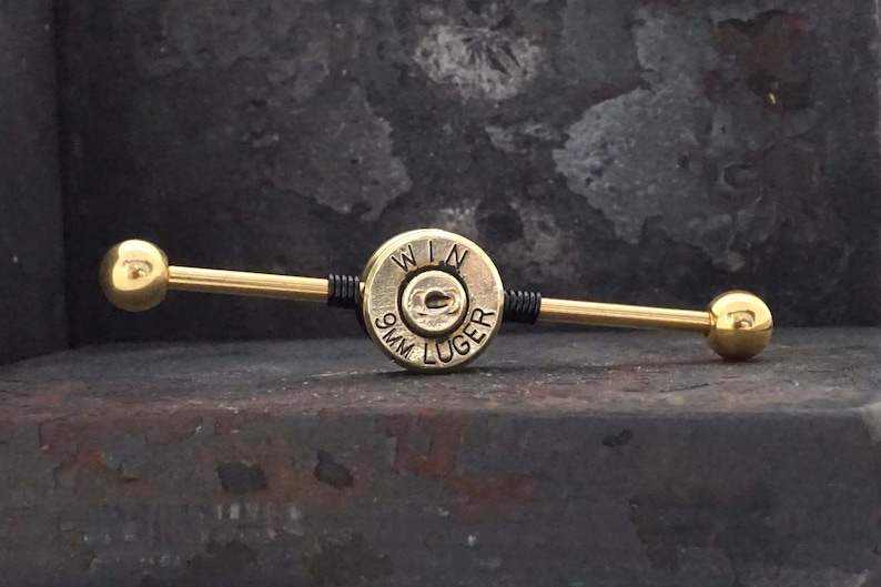 9mm Spent Brass Bullet Industrial Barbell 14g 16g Scaffold image 4