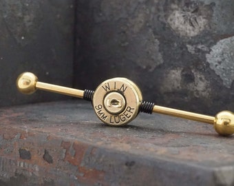 9mm Spent Brass Bullet Industrial Barbell 14g 16g Scaffold