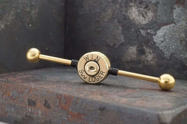 9mm Spent Brass Bullet Industrial Barbell 14g 16g Scaffold image 1