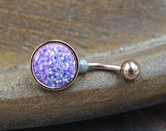 Light Purple Druzy Round Rose Gold Belly Button Ring - Short Belly Button Ring