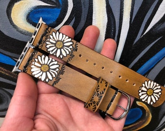 Leather Watch Band White Daisies - Ready To Ship