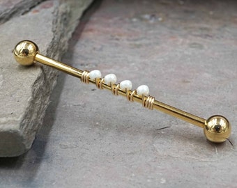 14 Gauge or 16 Gauge Industrial Barbell Ivory Pearl Beaded Gold, Silver, or Rose Gold