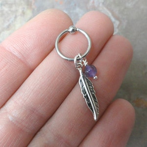 Purple Amythest Cartilage Hoop Silver Feather CBR Earring Belly Button Jewelry image 3