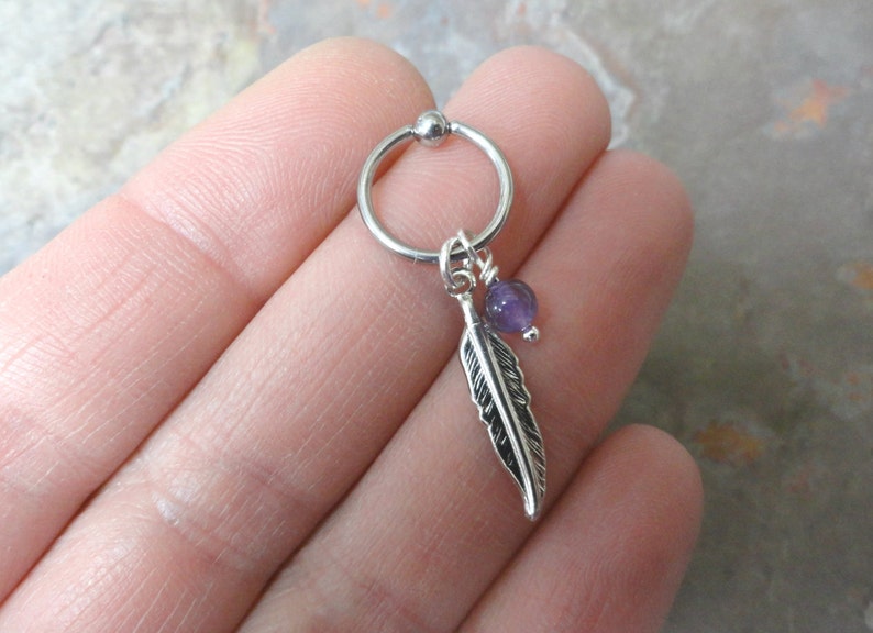 Purple Amythest Cartilage Hoop Silver Feather CBR Earring Belly Button Jewelry image 3