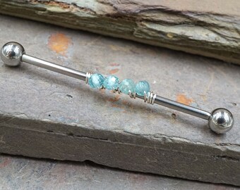 Light Blue Apatite Gemstone Beaded Industrial Barbell 14g 16g