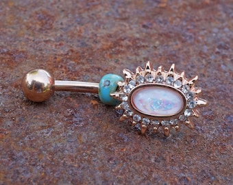 White Opal Sunburst Rose Gold Belly Button Navel Rings