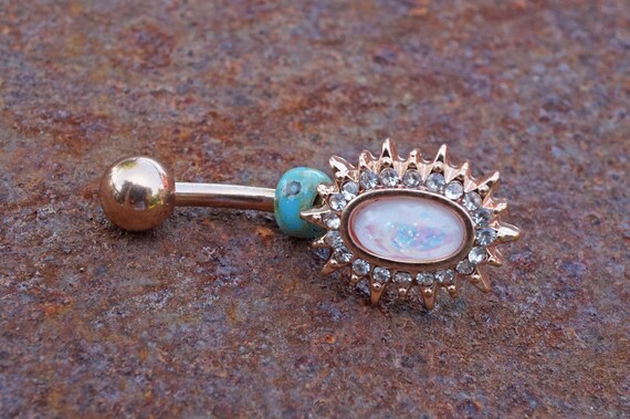 Rose Gold Belly Button Ring Opal Navel Hoop Handmade Piercing Jewelry