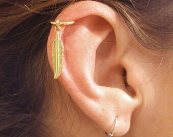 Gold Cartilage Hoop Gold Feather Earring Boho Tragus Helix Piercing