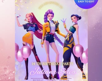 K-Pop Dämonenjäger HUNTRIX Geburtstagseinladung - Bearbeitbare Canva-Vorlage - Druckbare Party Digitale Einladung